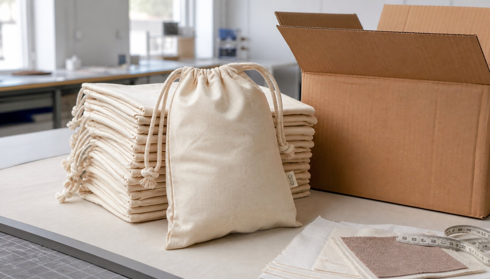 Cotton drawstring pouches with a CTM sample label shown in a factory sample room next to shipping cartons