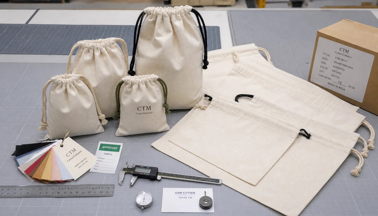 Cotton drawstring pouches with CTM sample logo, fabric swatches, ruler, and carton label on a factory sample room table