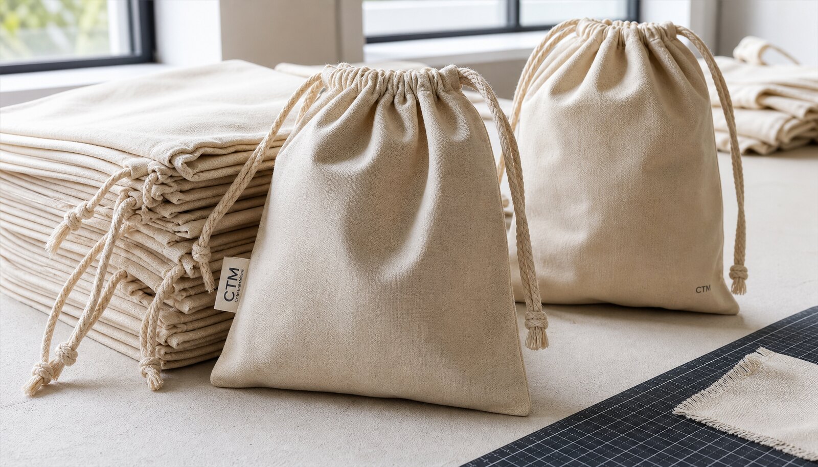 Natural cotton drawstring pouches in a factory sample room with a small CTM side label and printed logo