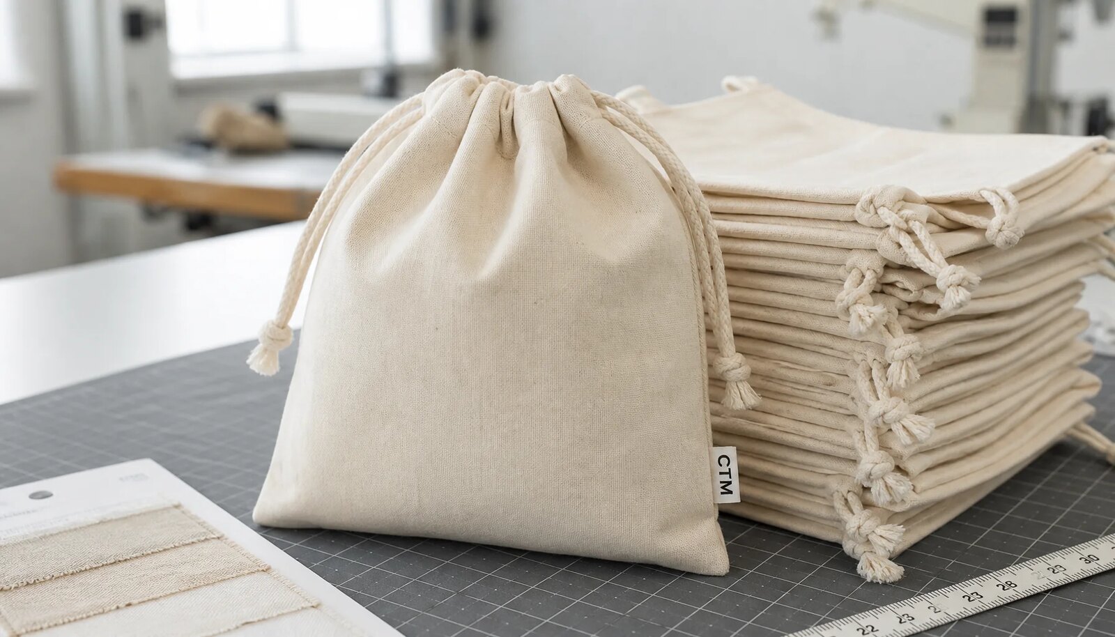 Photorealistic cotton drawstring pouches in a factory sample room with a simple CTM sample logo on the product