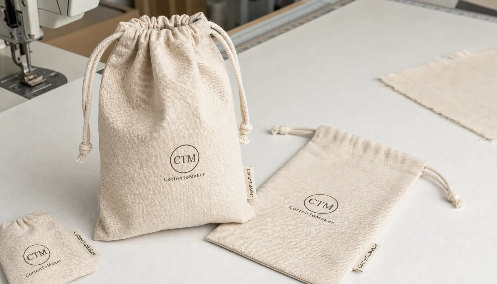 Natural cotton drawstring pouches with CTM sample logo and sewn CottonToMaker side label