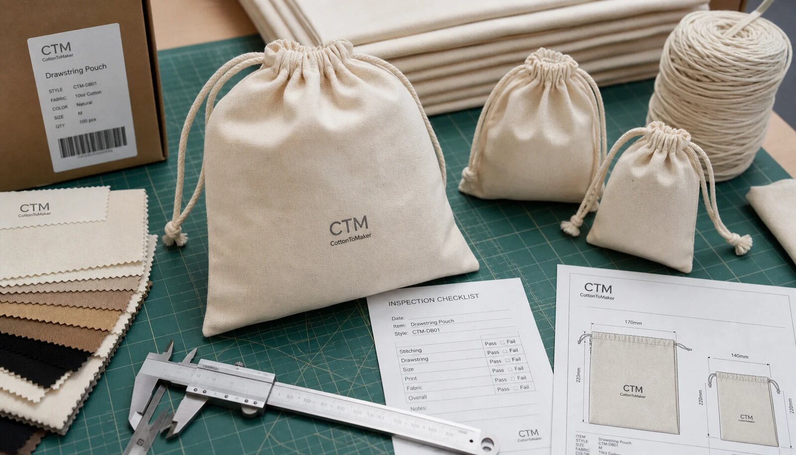Natural cotton drawstring pouches with CTM sample logo, cotton cords, fabric swatches, measuring tools, and inspection checklist on a clean studio table