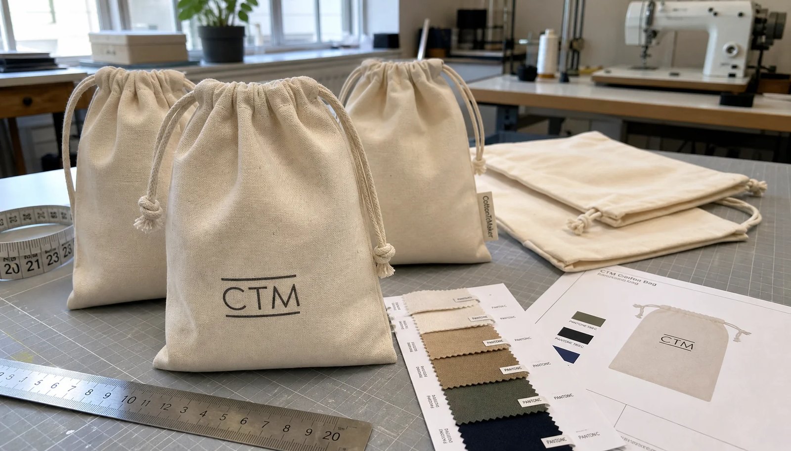 Cotton drawstring pouch samples with CTM logo in a factory sample room for trade show order planning