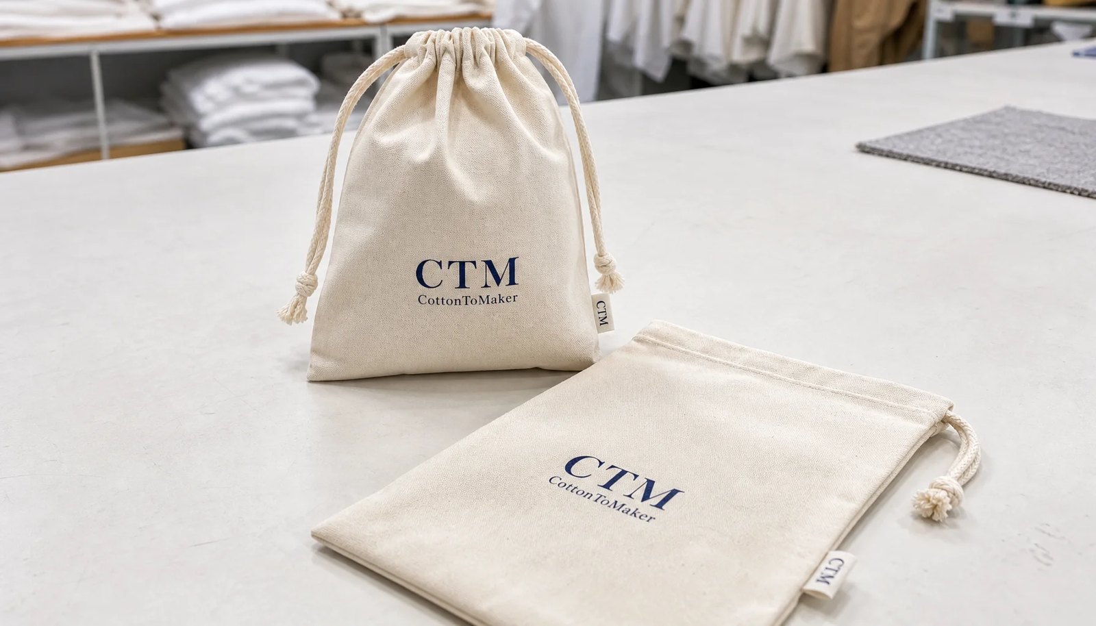Natural cotton drawstring pouches with CTM sample logo printed on the front panel for logo placement review
