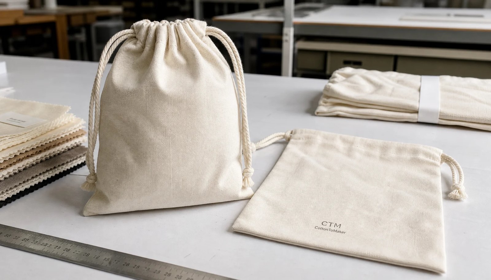 Natural cotton drawstring pouches with CTM CottonToMaker sample logo in a factory sample room