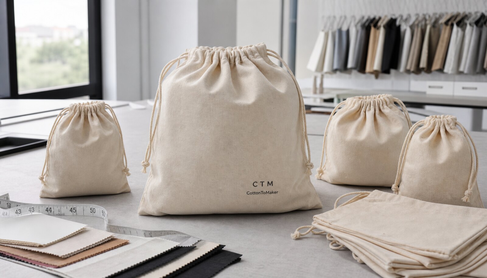 Cotton dust bags for handbag brands with a small CTM logo printed on the fabric in a factory sample room