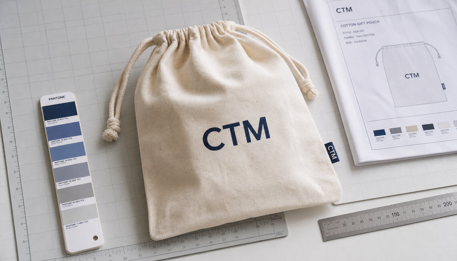 Natural cotton drawstring gift pouch with a simple CTM logo printed directly on the front in a factory sample room.
