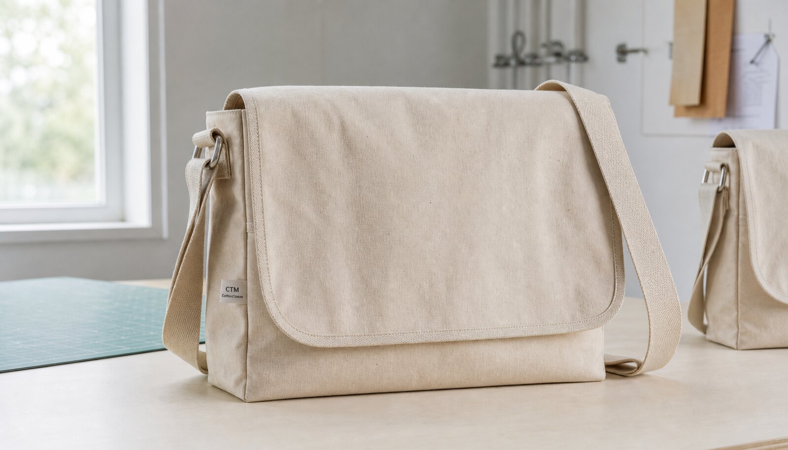 Natural cotton messenger bag with a small CTM CottonToMaker side label shown in a clean factory sample room