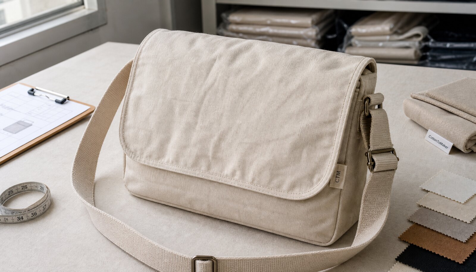 Natural cotton messenger bag sample with a small CTM/CottonToMaker side label in a clean factory sample room.