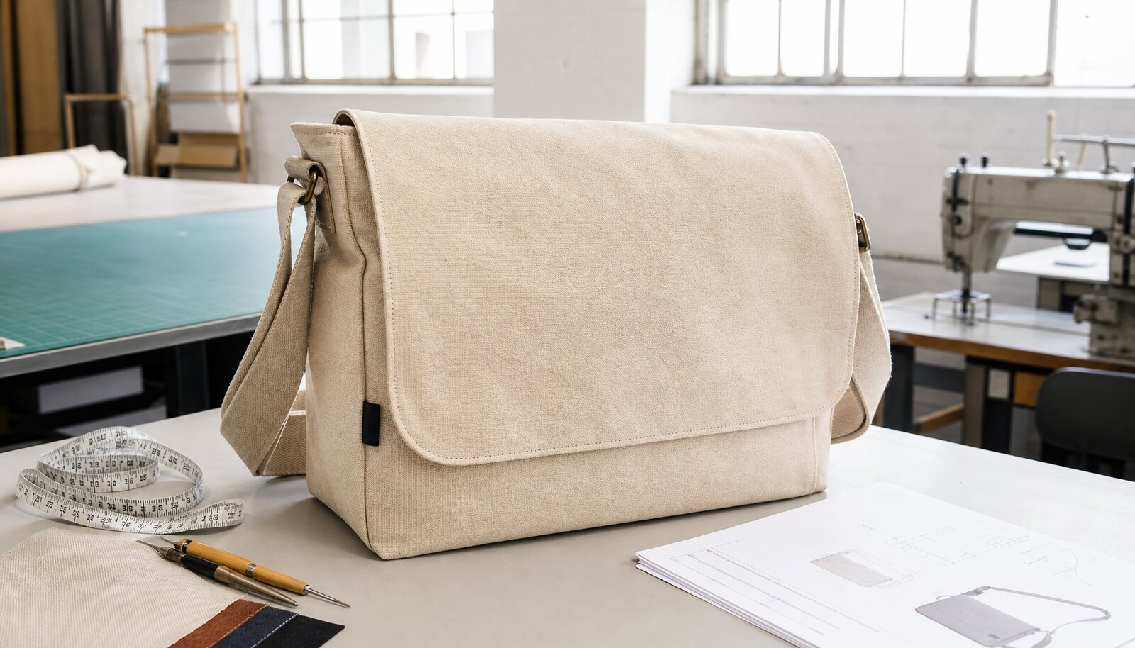 Photorealistic cotton messenger bag sample with a small CTM logo label in a factory sample room