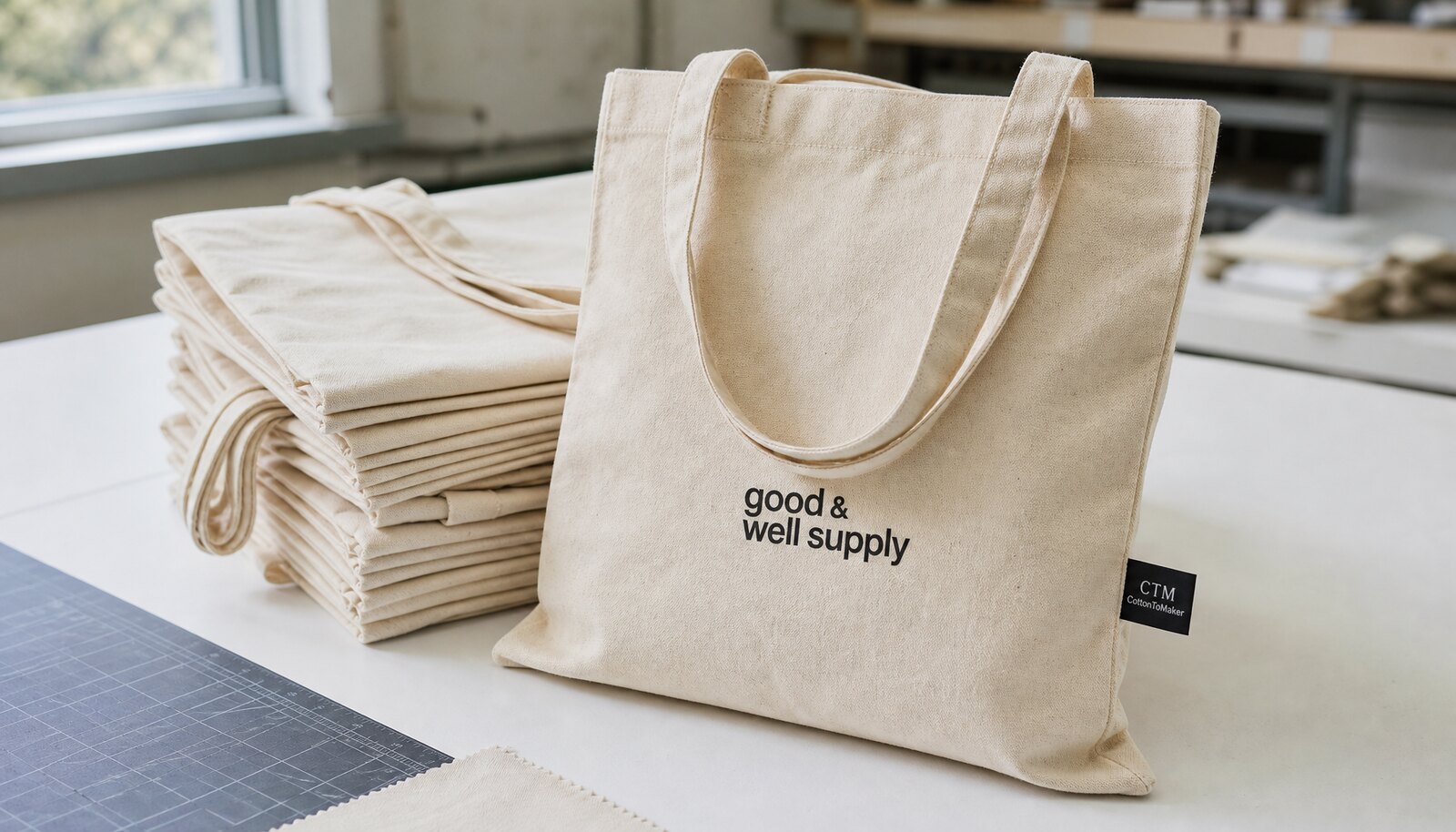 Natural cotton promotional bags with a small CTM woven side label and one-color logo print in a factory sample room