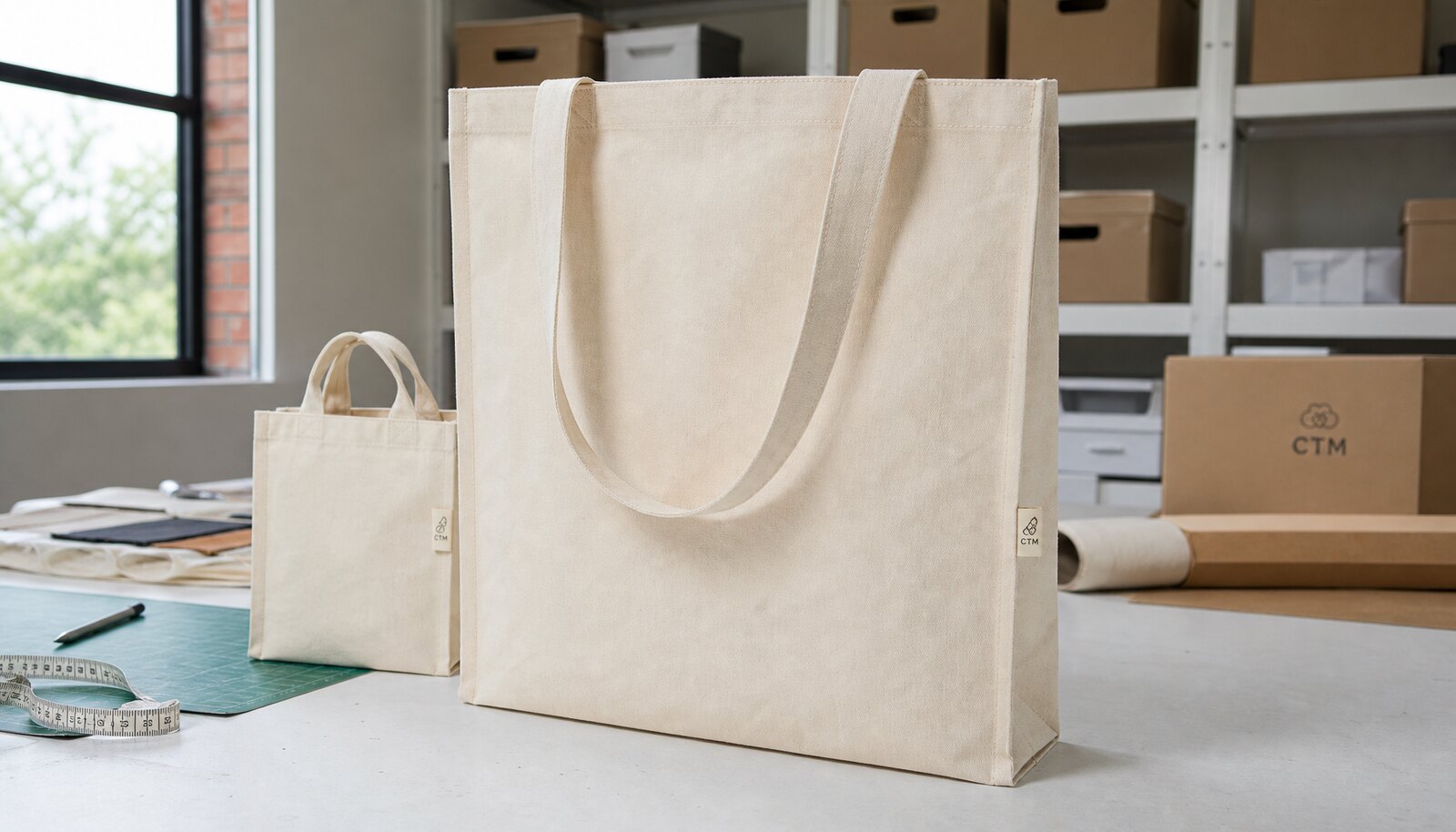 Natural cotton shopping bag with a simple CTM sample logo shown in a clean factory sample room.