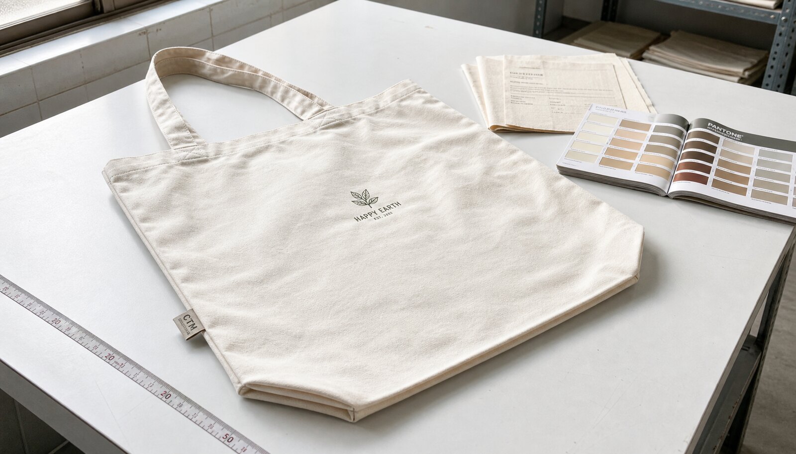 Cotton shopping bag sample with a small CTM woven side label in a factory sample room