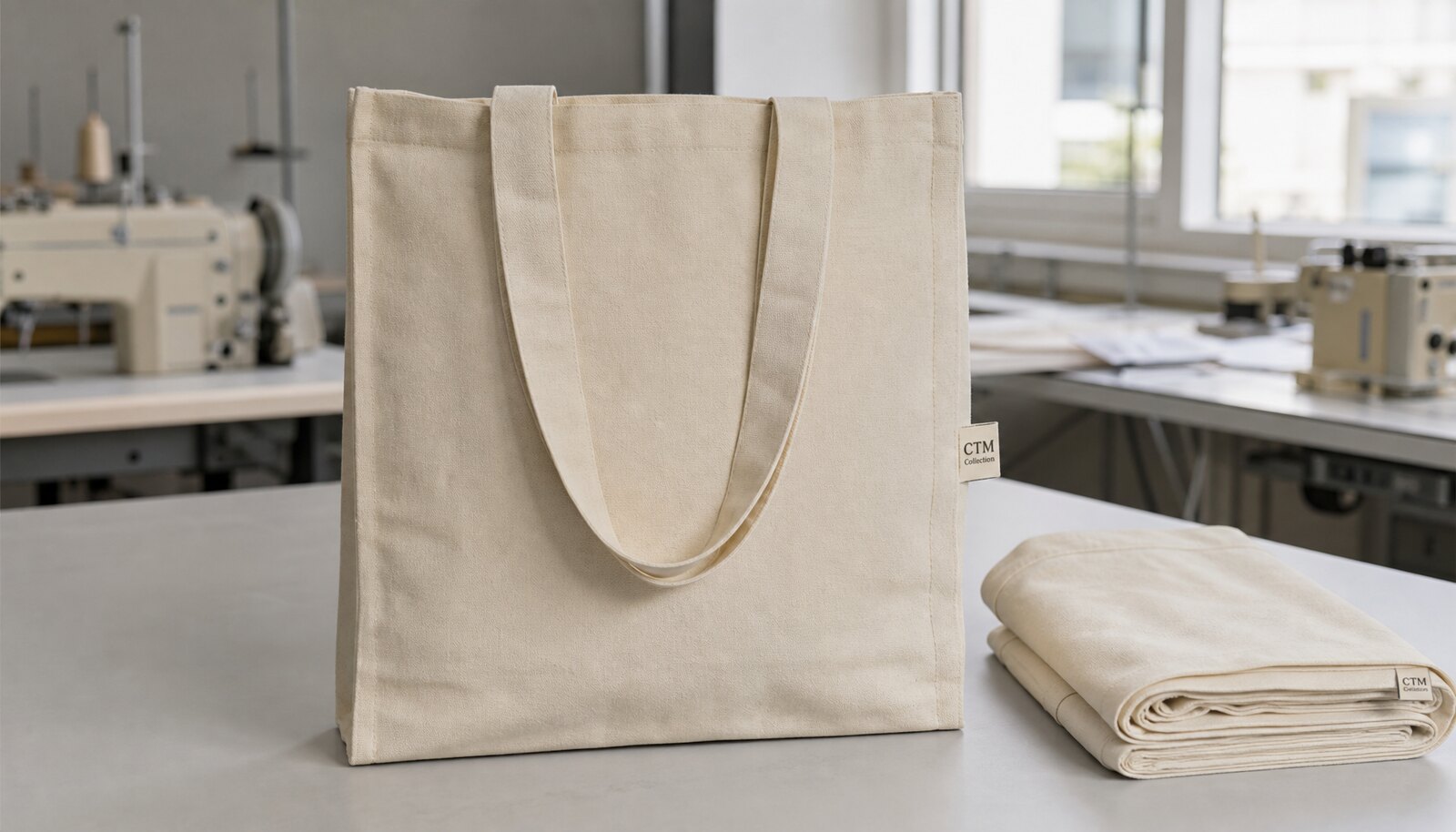 Natural cotton shopping bags with a CTM woven side label displayed in a clean factory sample room.