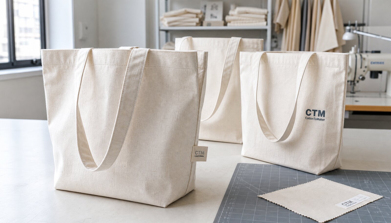 Cotton shopping bags for retail with a simple CTM logo printed and a woven side label in a factory sample room