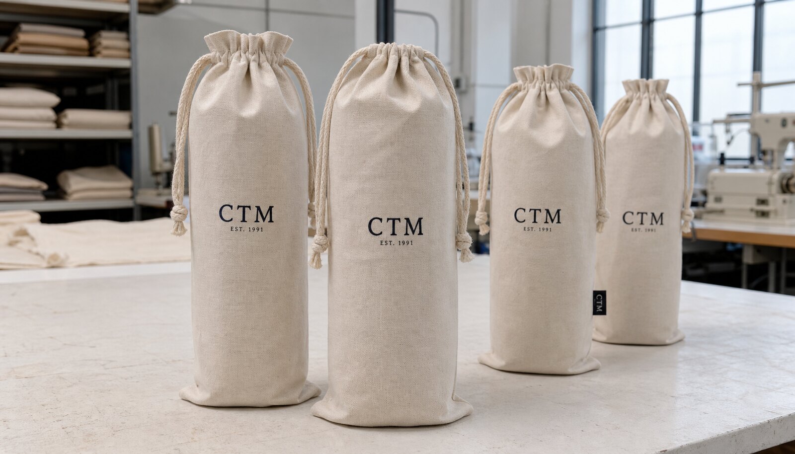 Cotton wine bags with a simple CTM logo printed on the bag in a factory sample room