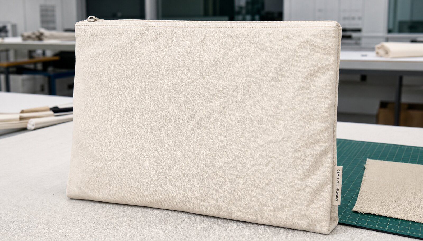 Natural cotton zipper document bag with a sewn CTM side label in a factory sample room