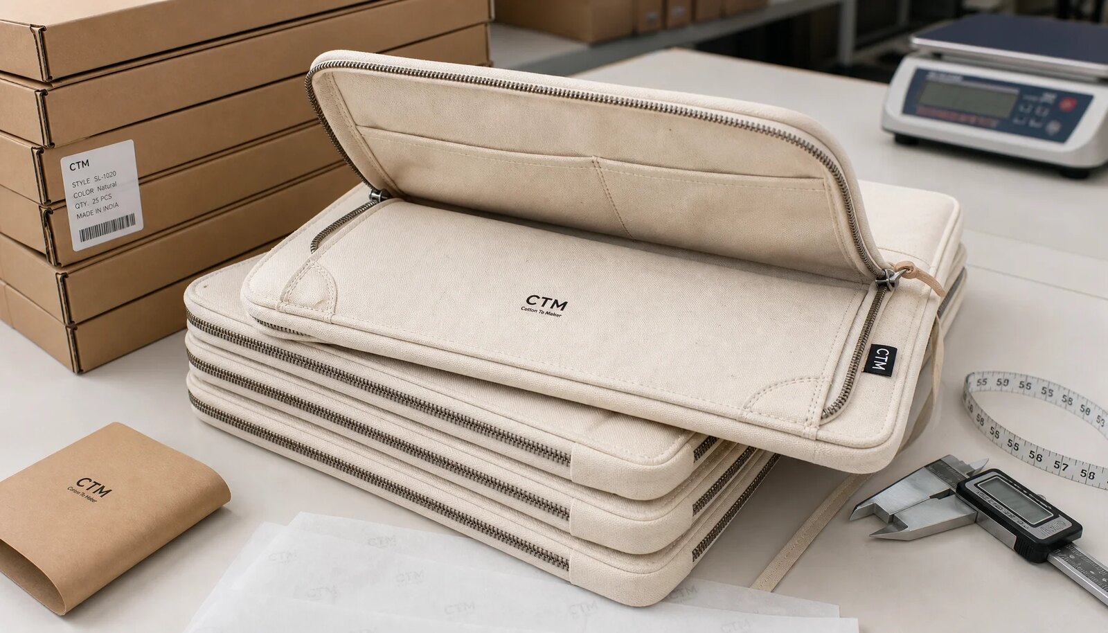 Custom canvas zipper portfolios with sample logo stacked beside export cartons and packing materials