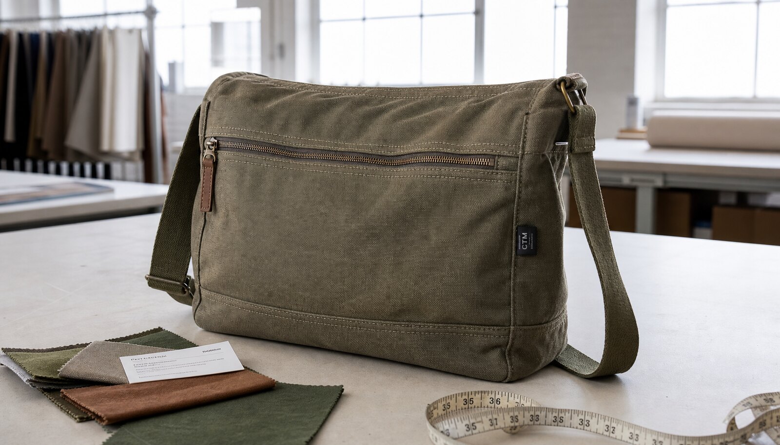 Photorealistic crossbody canvas bag with a simple CTM sample label in a factory sample room