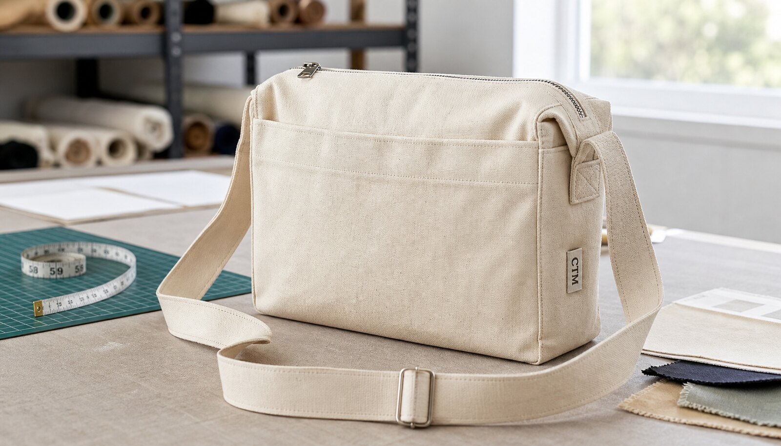 Beige canvas crossbody bag sample with stitched CTM side label in a factory sample room.
