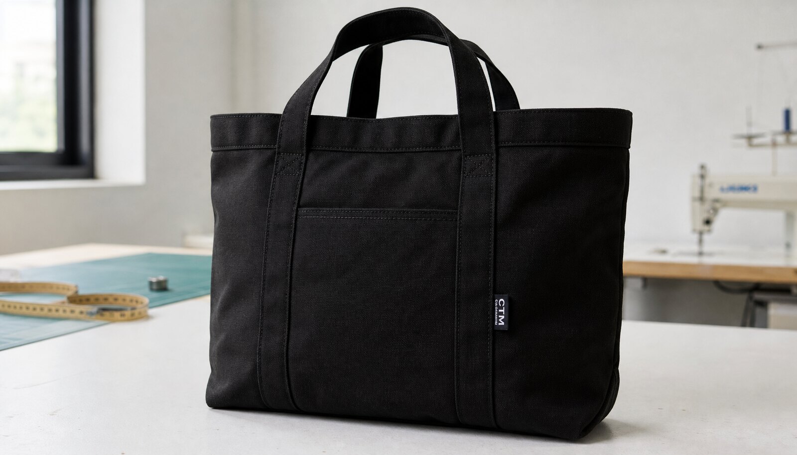 Black canvas tote bag with a simple CTM sample logo, photographed in a clean factory sample room.