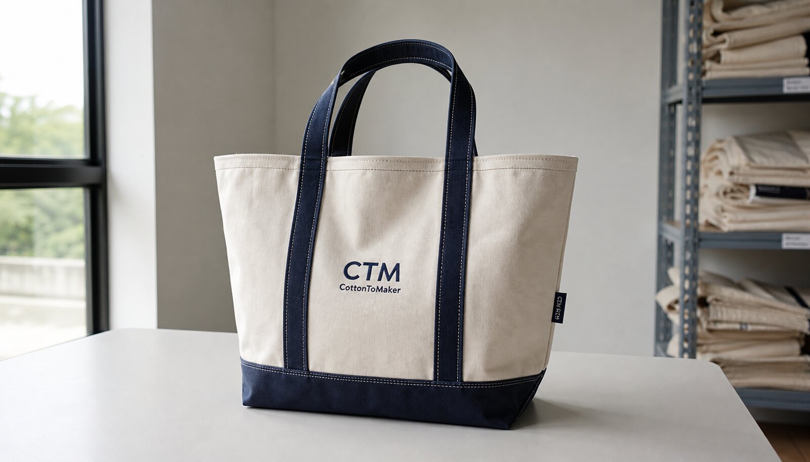 Photorealistic custom boat and tote sample bag with a CTM/CottonToMaker logo in a factory sample room