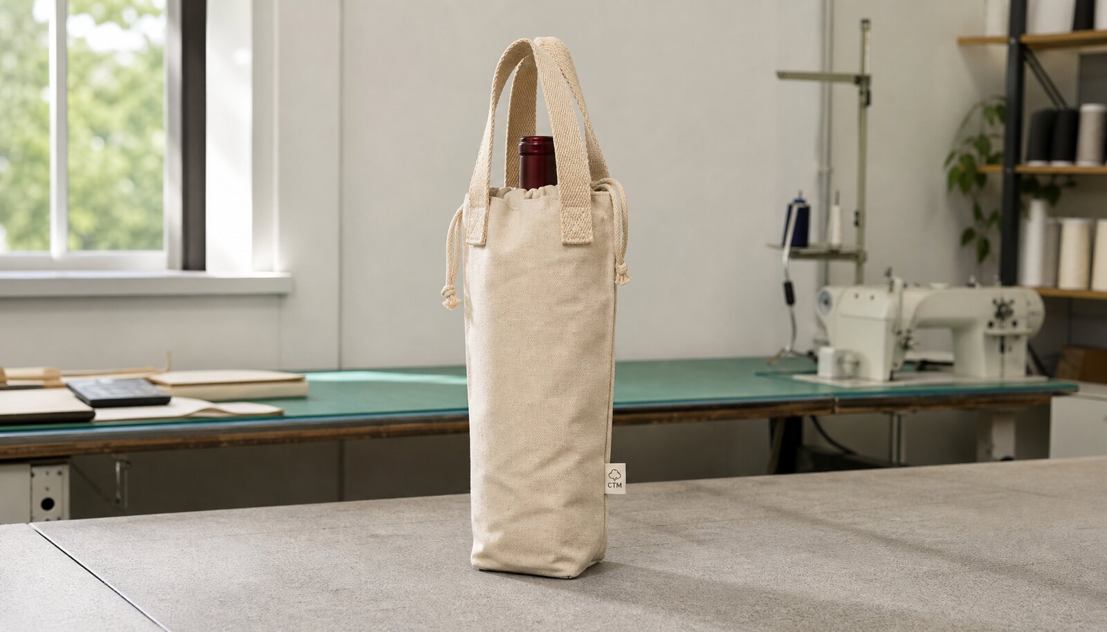 A custom bottle bag with a simple CTM logo printed on the product in a clean factory sample room