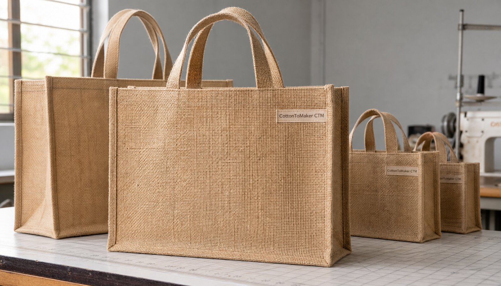 Custom burlap sample bags with a stitched CTM side label in a clean factory sample room.