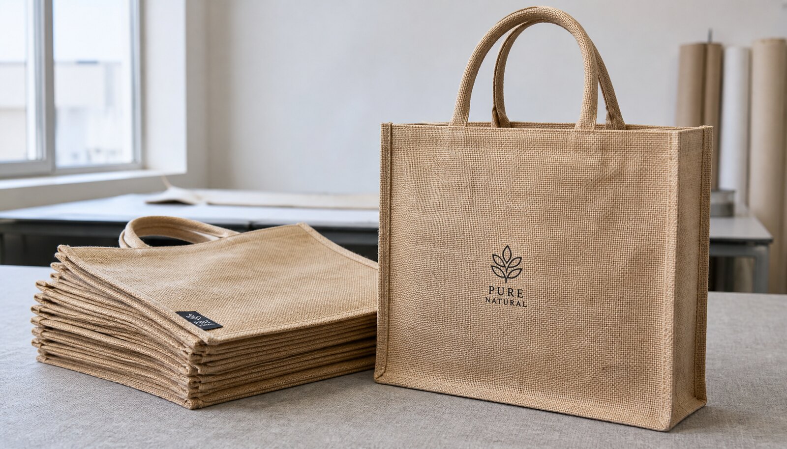 Custom burlap bags with a simple CTM sample logo in a factory sample room