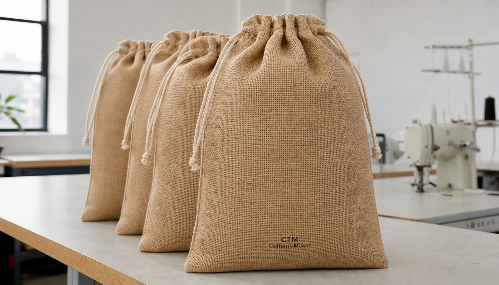 Custom burlap drawstring bags with a small CTM CottonToMaker logo printed on the front in a factory sample room