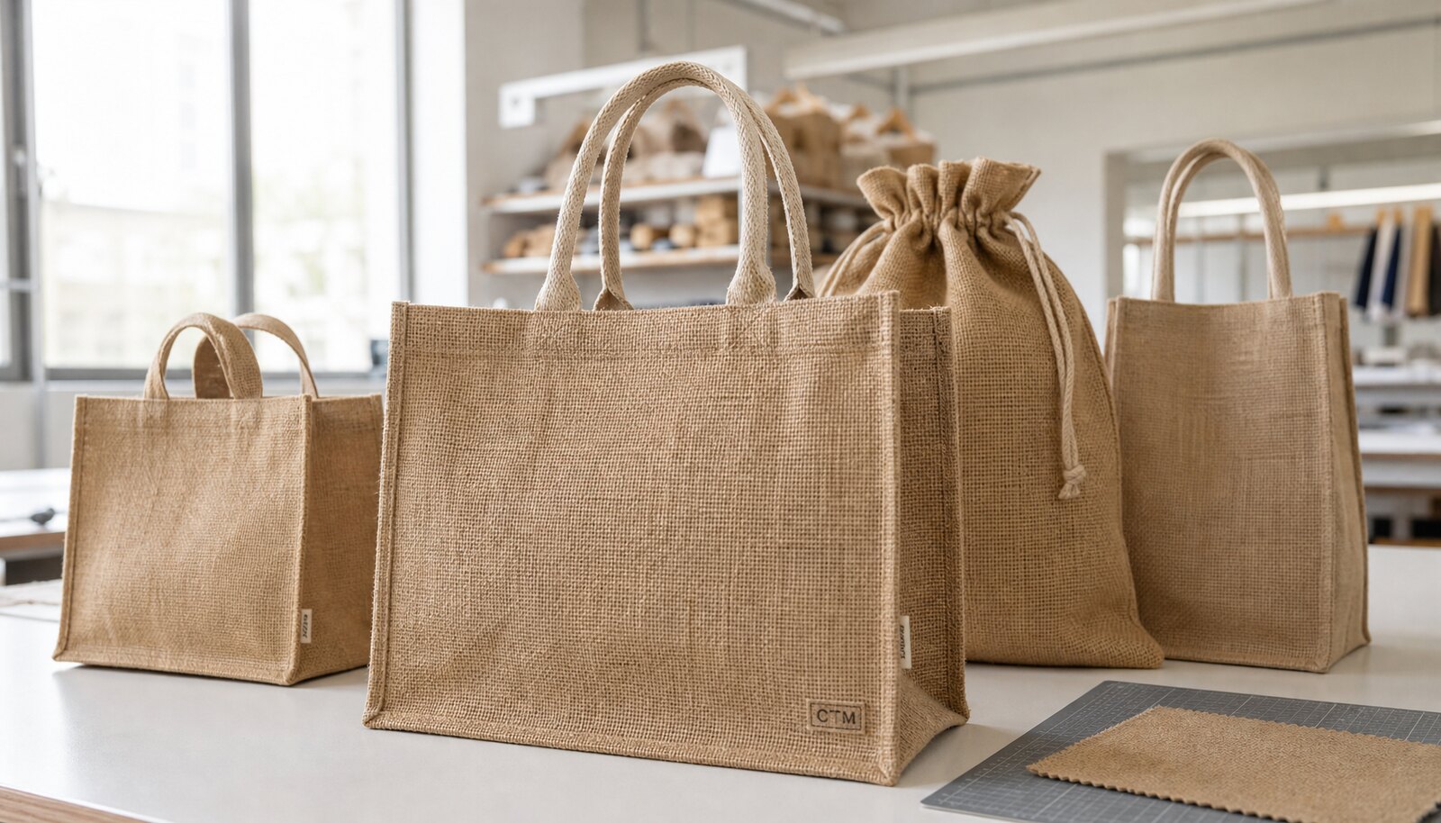 Photorealistic custom burlap gift bags with a small CTM sample logo in a factory sample room