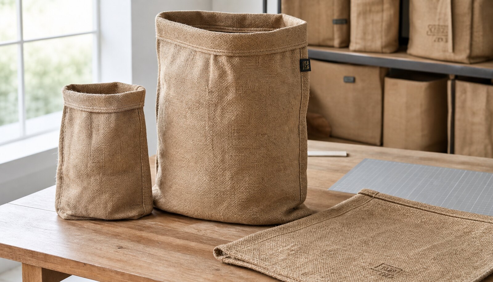 Natural burlap sacks with a small CTM sample logo in a factory sample room.