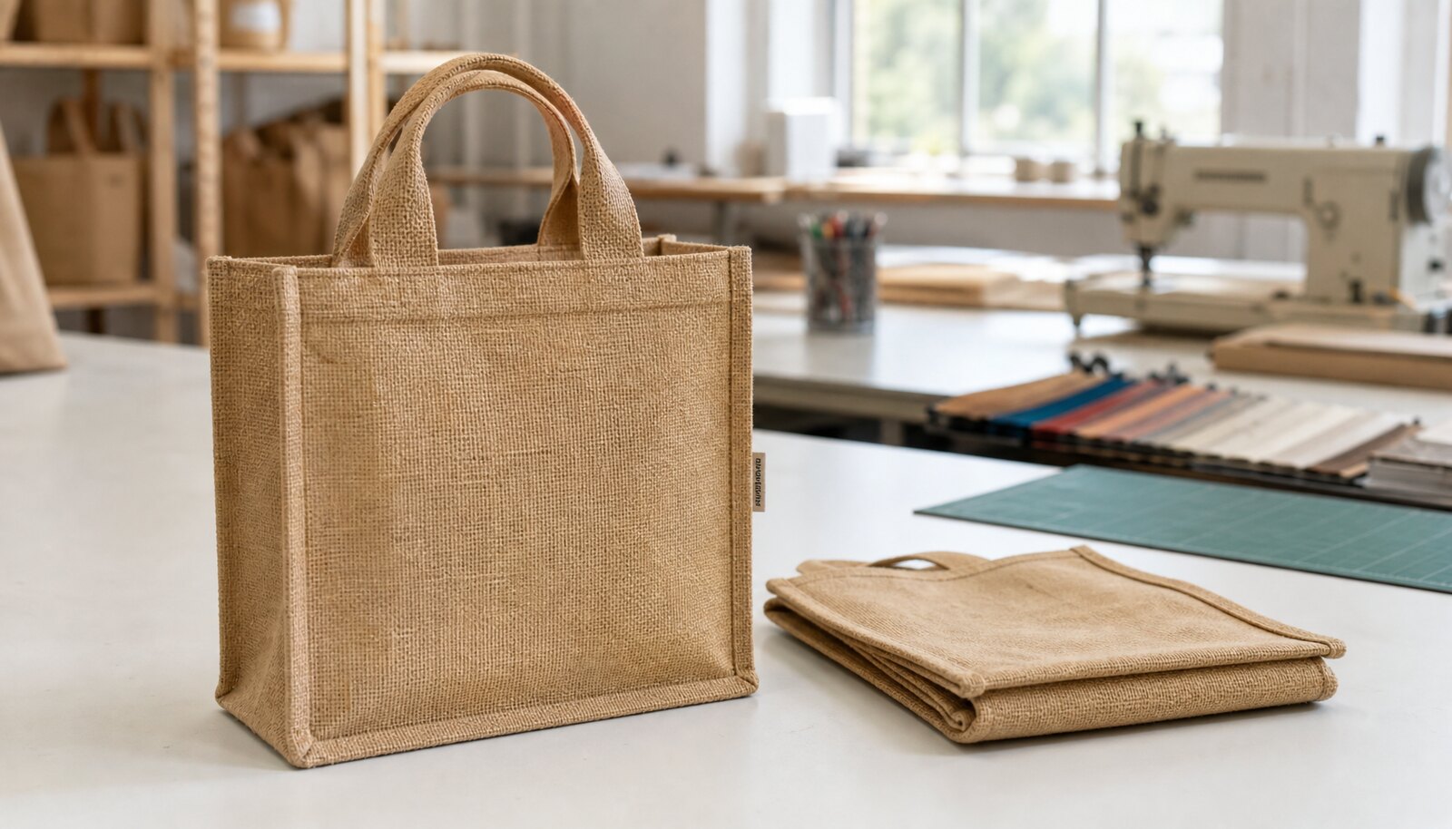 Photorealistic custom burlap tote bag in a factory sample room with a sewn CTM side label.