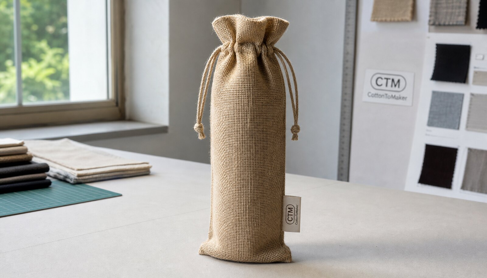 A natural burlap wine bag with a stitched CTM/CottonToMaker side label in a clean sample room.