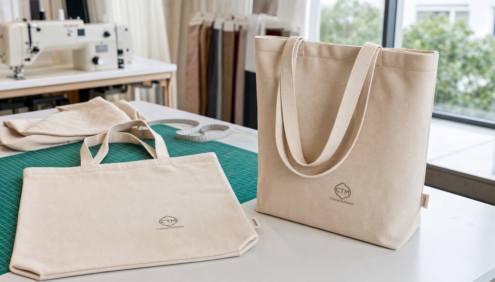 Natural canvas tote bag with a small CTM CottonToMaker logo printed on the front in a factory sample room