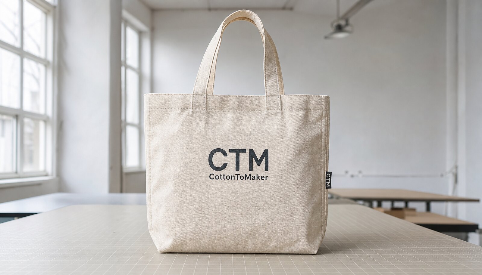 Photorealistic canvas tote bag with a simple CTM/CottonToMaker sample logo printed on the front in a factory sample room.