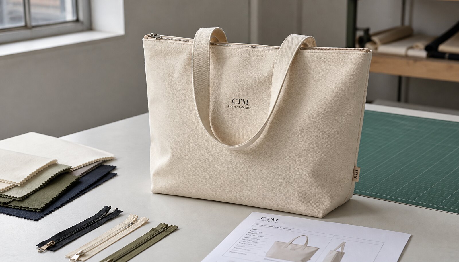 Natural canvas tote bag with zipper and a small CTM/CottonToMaker logo label in a factory sample room