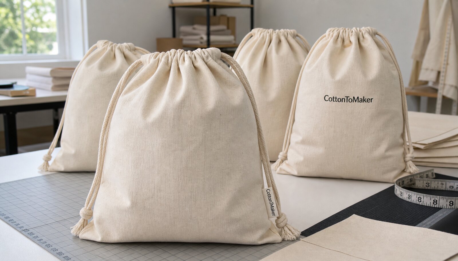 Custom canvas drawstring bags with a simple CottonToMaker logo shown in a factory sample room