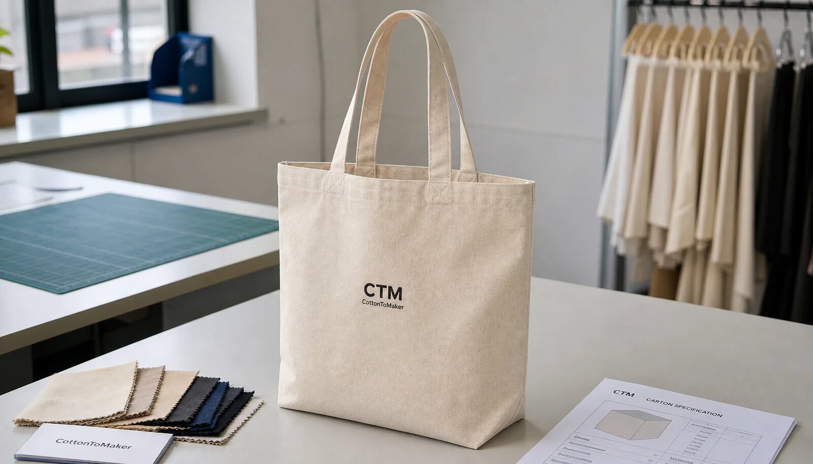 Photorealistic natural canvas grocery tote with a simple CTM/CottonToMaker logo printed on the front in a clean factory sample room.