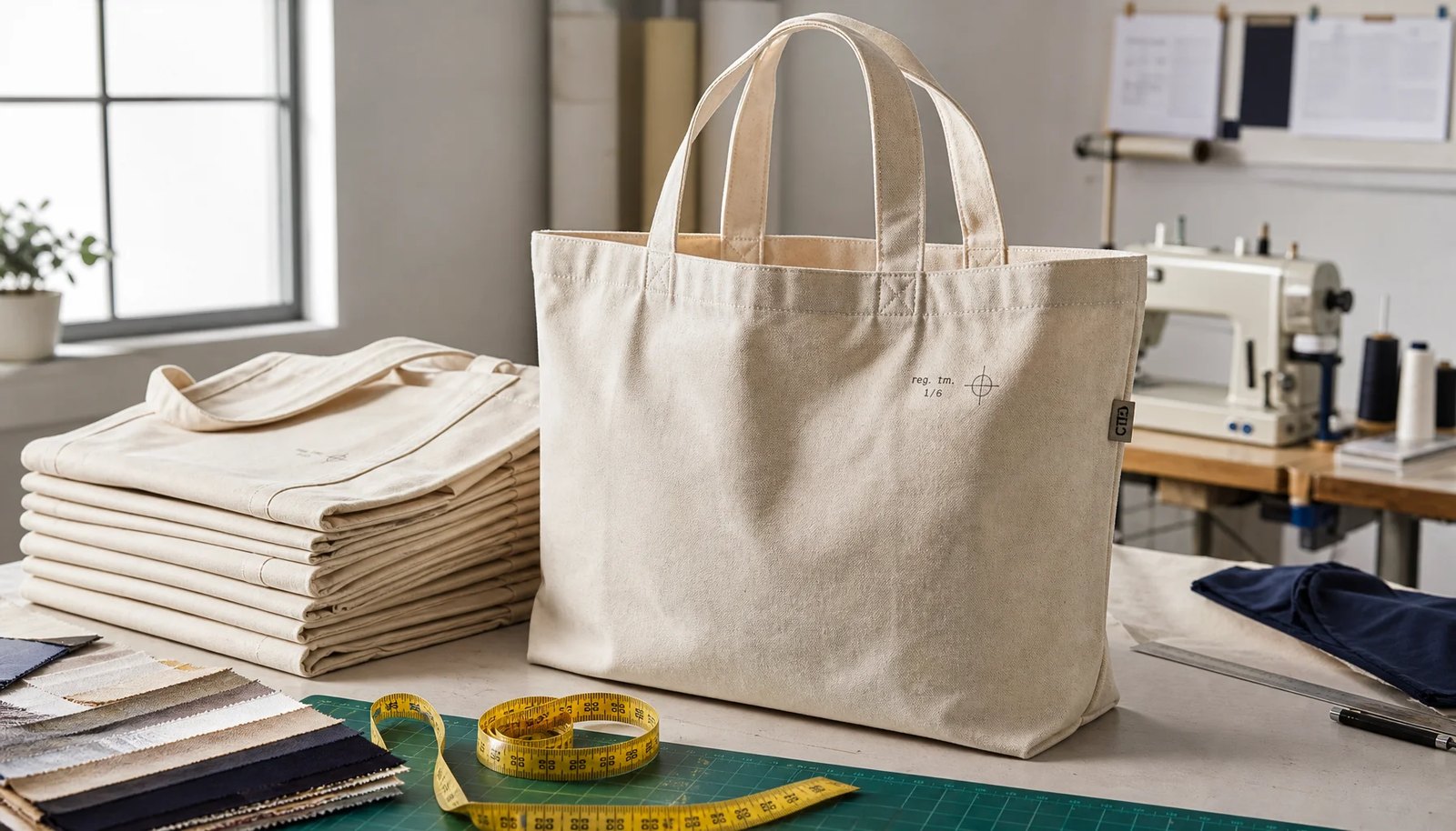 Custom canvas grocery tote with CTM side label shown in a factory sample room