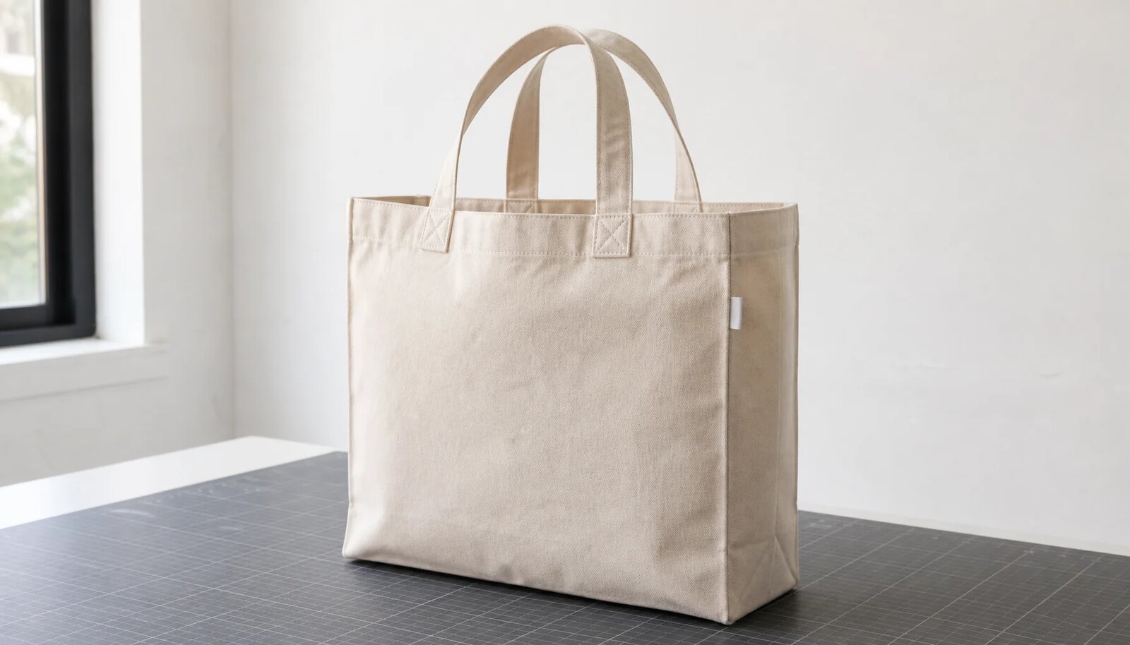 Natural canvas grocery tote with boxed gusset, reinforced handles, and a small CTM sample label in a factory sample room