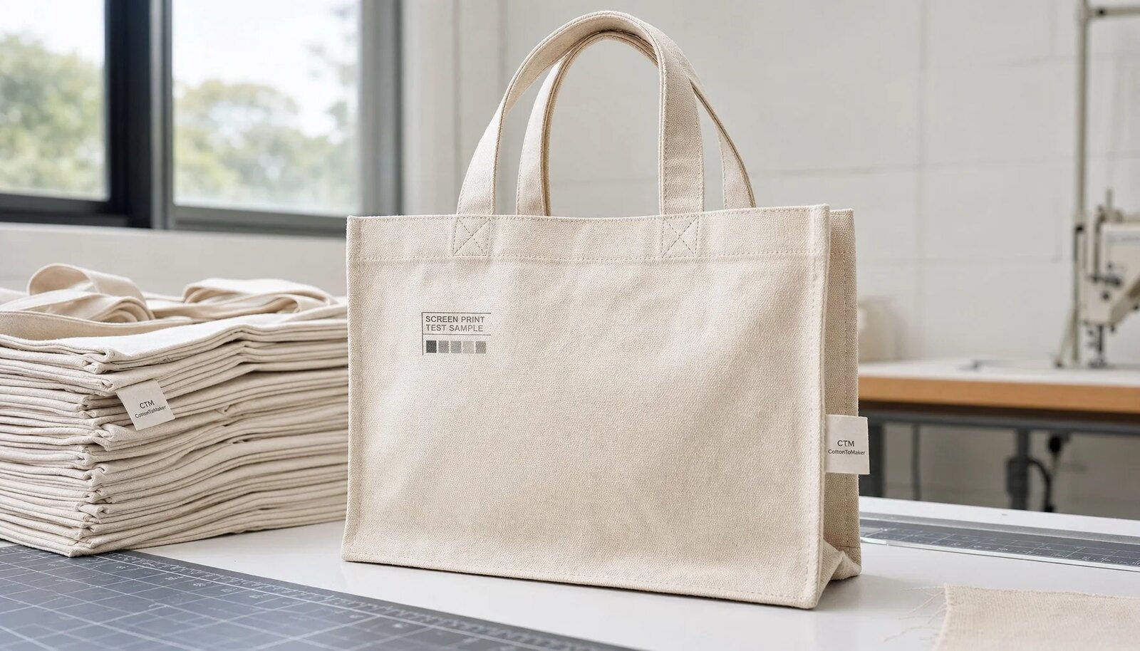 Photorealistic canvas grocery tote sample with a CTM CottonToMaker woven side label in a factory sample room