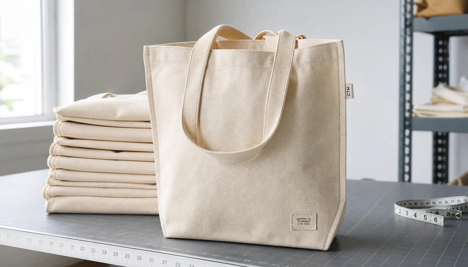 Natural canvas grocery totes with a small CTM sample logo, shown in a clean factory sample room.