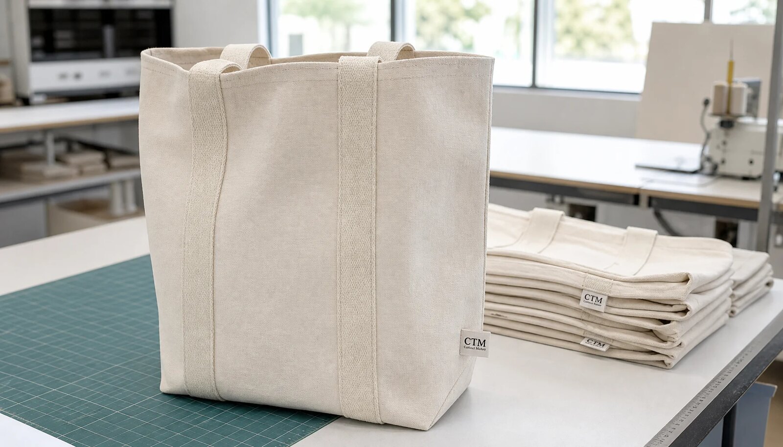 Custom canvas grocery totes with a simple CottonToMaker woven side label in a factory sample room