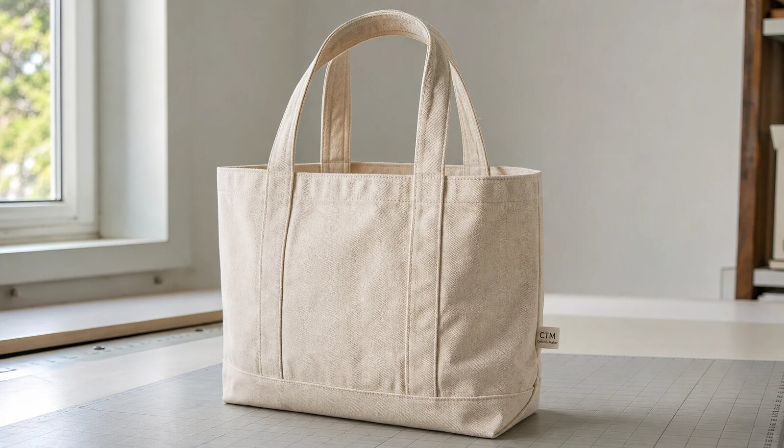 Natural canvas grocery tote with a sewn CTM sample label in a clean factory sample room