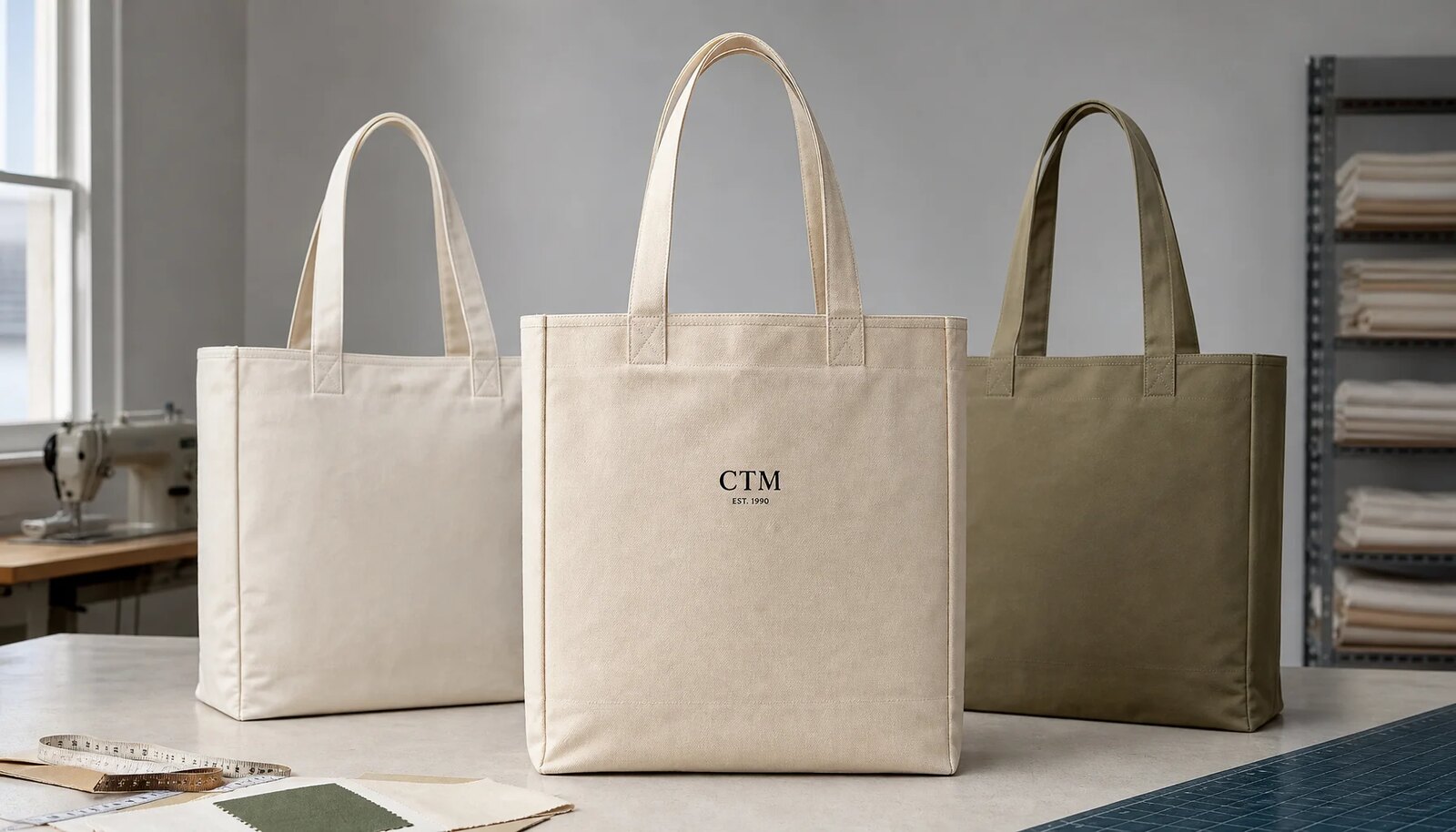 Custom canvas grocery tote samples with CTM logo for hotel retail bulk pricing review