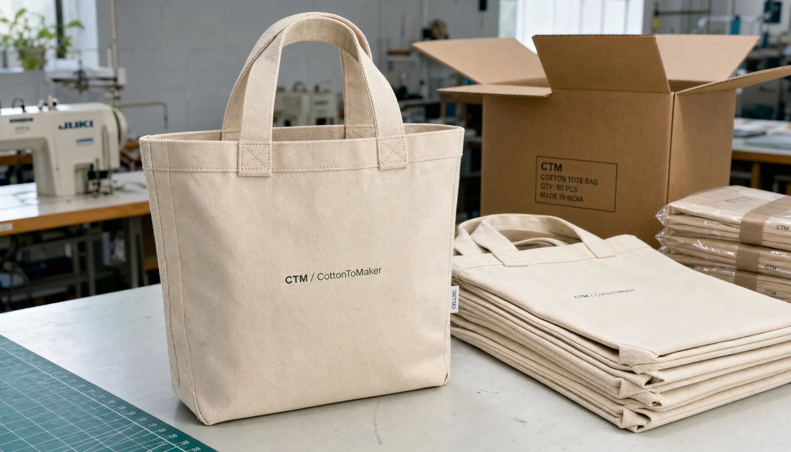 Custom canvas grocery totes with CTM logo packed beside export carton in factory sample room