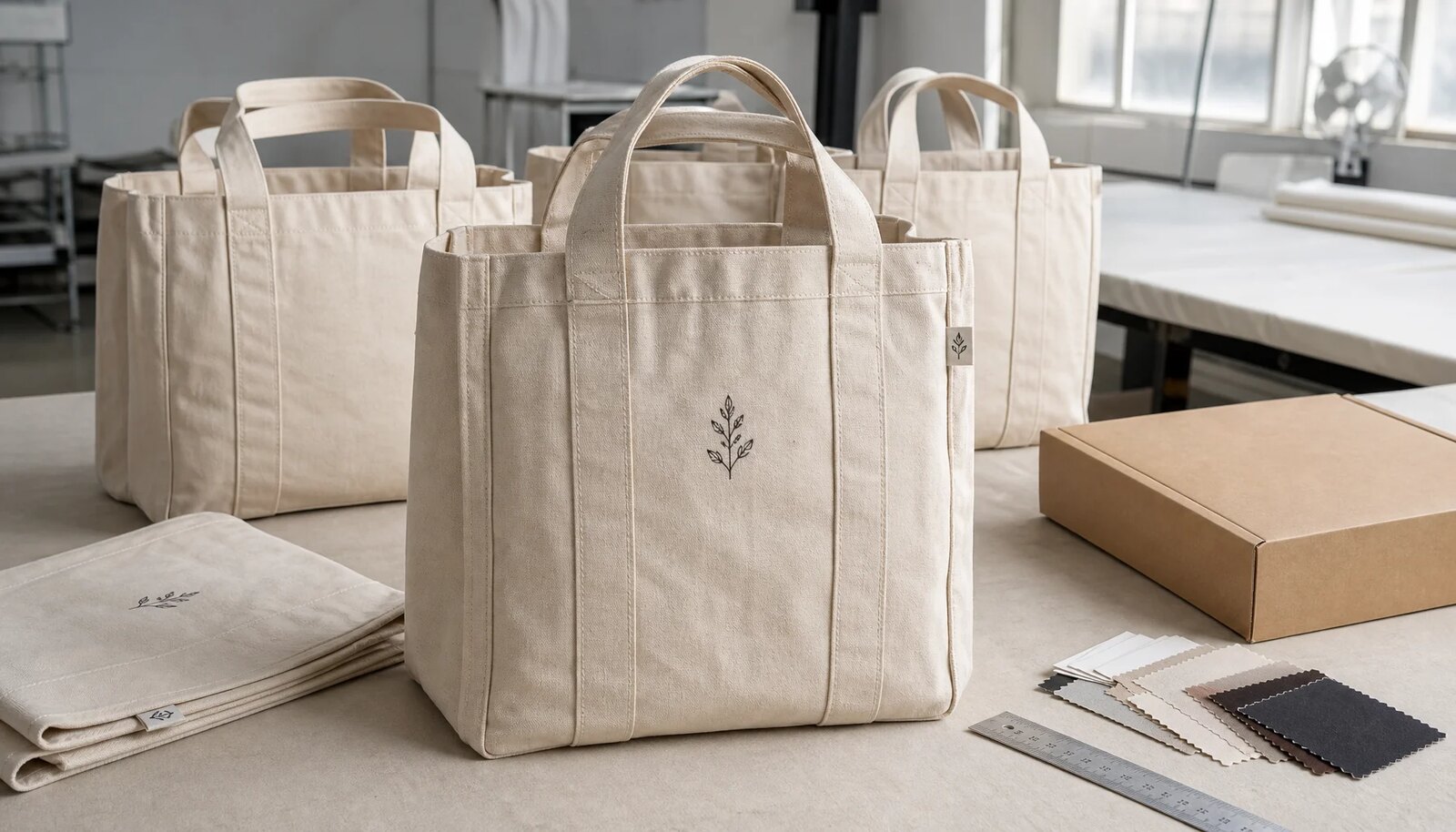 Custom canvas grocery tote samples with CTM logo and shipping carton planning materials in a factory sample room