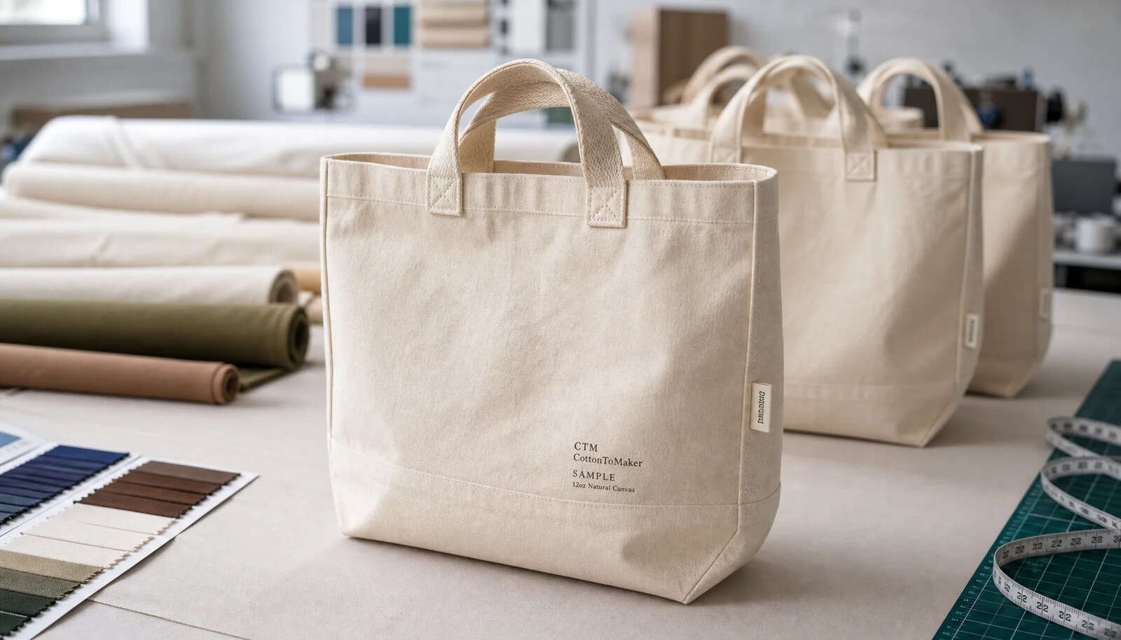 Custom canvas grocery tote samples with CTM logo in a factory sample room