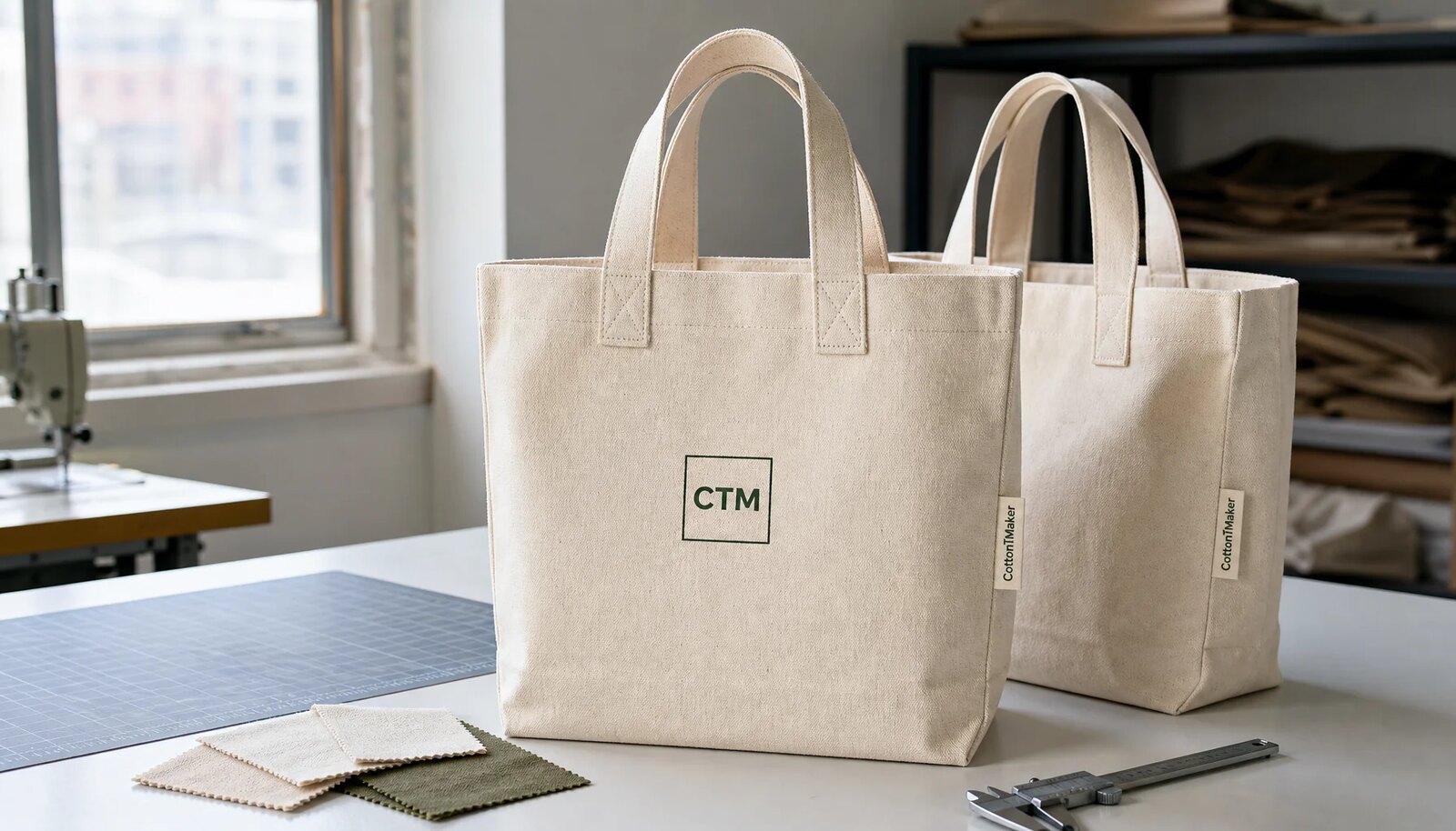 Natural canvas grocery tote with CTM logo, reinforced handles, and sample room durability checking tools